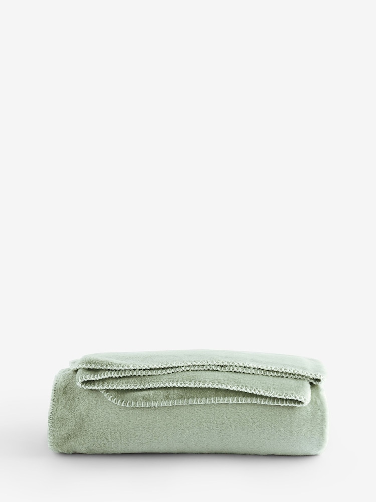 Sage Green Plush Fleece Blanket Stitch Throw - Image 4 of 4 Sage Green Plush Fleece Blanket Stitch Throw - Image 4 of 4