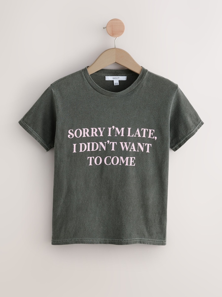 Charcoal Grey Slimmer Fit Fun Slogan Graphic Print Short Sleeve Crew Neck T-Shirt - Image 1 of 3