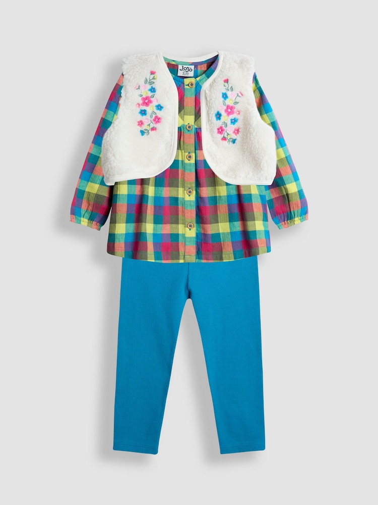 JoJo Maman Bébé Green Check Blouse, Leggings & Borg Gilet Set - Image 1 of 9
