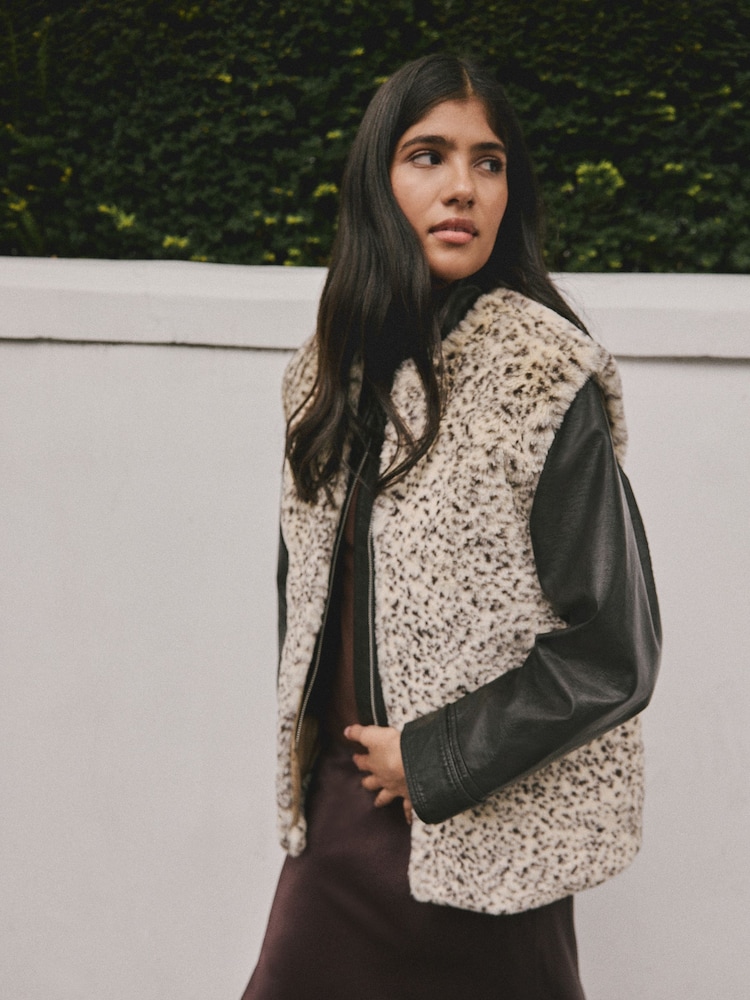 Animal Print Faux Fur Gilet - Image 1 of 9 Animal Print Faux Fur Gilet - Image 1 of 9