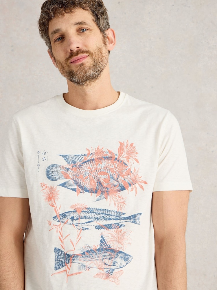 White Stuff White Abersoch Fishes Graphic 100% Cotton T-Shirt - Image 4 of 6