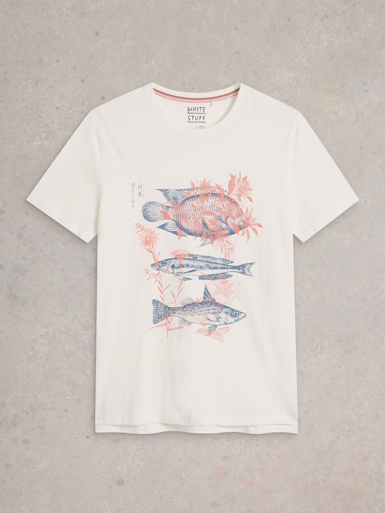 White Stuff White Abersoch Fishes Graphic 100% Cotton T-Shirt - Image 5 of 6
