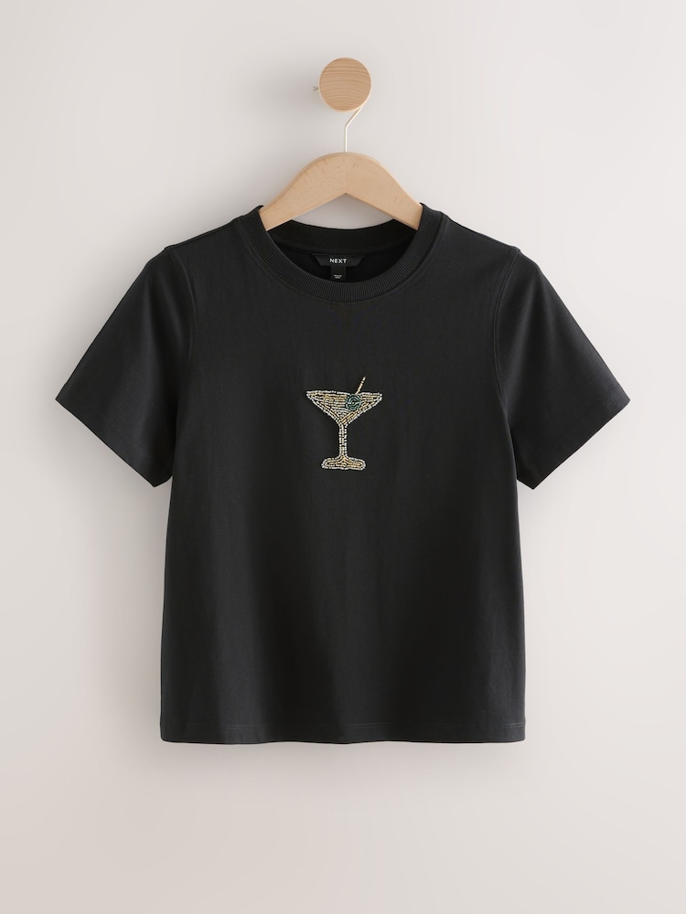 Black Martini Short Sleeve Crew Neck Embelished T-Shirt - Image 1 of 3