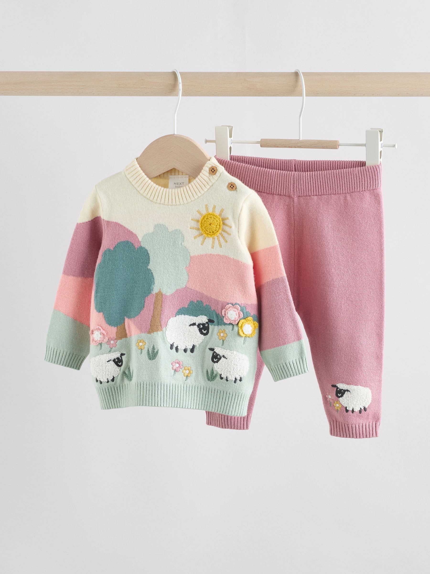 Buy Pink Sheep Scene Baby Knitted Jumper and Leggings Set 2 Piece