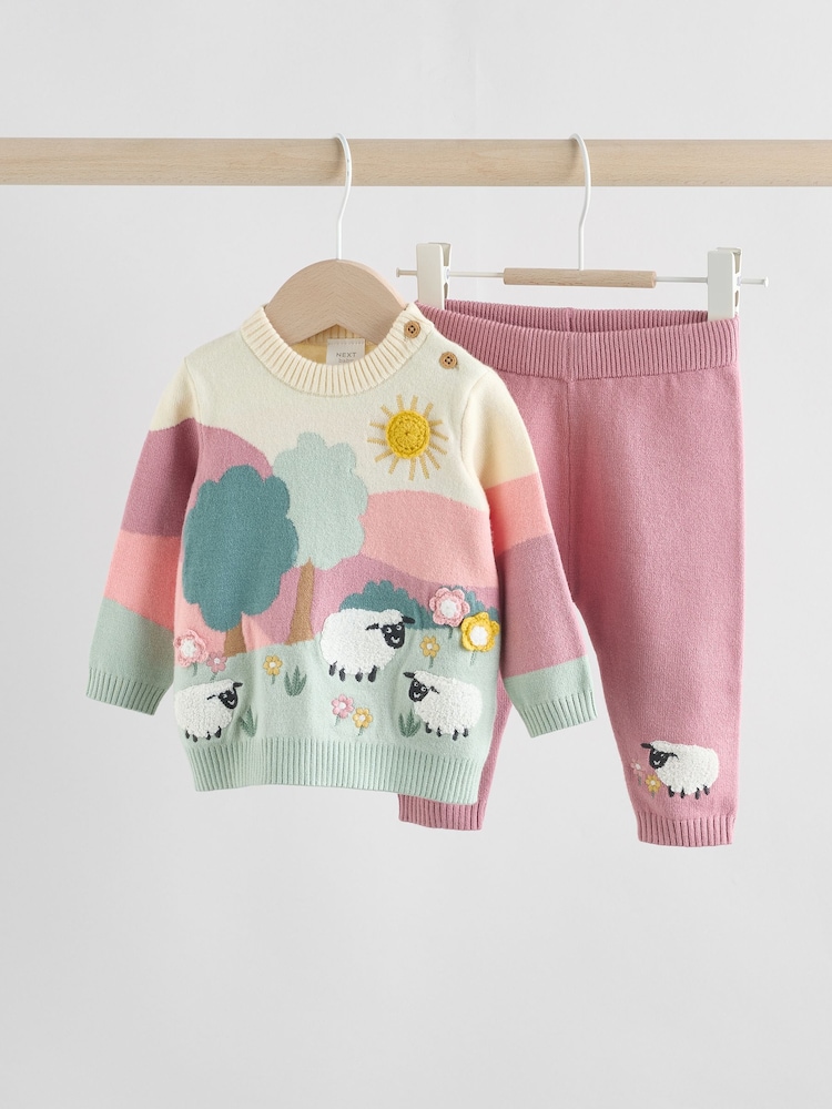 Pink Sheep Scene Baby Knitted Jumper and Leggings Set 2 Piece (0mths-2yrs) - Image 1 of 12