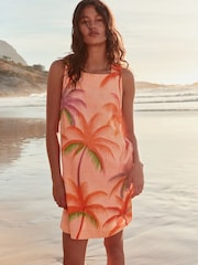 Korallenpink/Palmenprint - Leinenreiches Mini-Etuikleid mit Carré-Ausschnitt - Bild 1 von 8