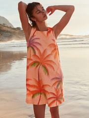 Korallenpink/Palmenprint - Leinenreiches Mini-Etuikleid mit Carré-Ausschnitt - Bild 2 von 8