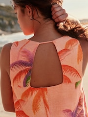 Korallenpink/Palmenprint - Leinenreiches Mini-Etuikleid mit Carré-Ausschnitt - Bild 5 von 8