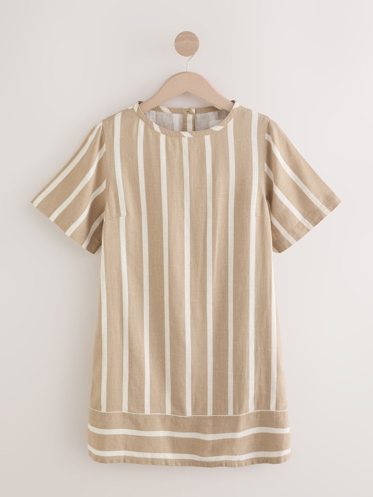 Brown/White Stripe Linen Blend Button Back Mini T-Shirt Dress - Image 1 of 4