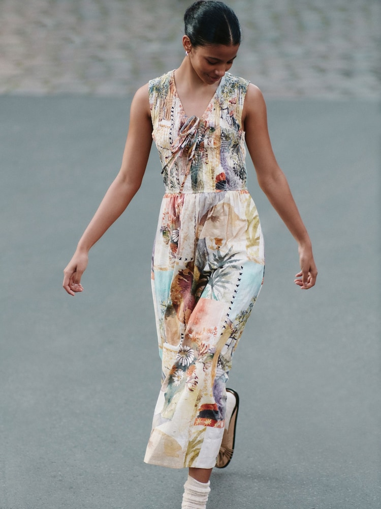 Patched Print V-Neck Shirred Body Maxi Dress - Image 1 of 7