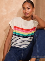Love & Roses Ivory Rainbow Srtipe Crew Neck Jersey T-Shirt - Image 1 of 4
