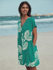 Green Floral Mini Short Sleeve V-Neck Kaftan Dress with Linen - Image 1 of 7