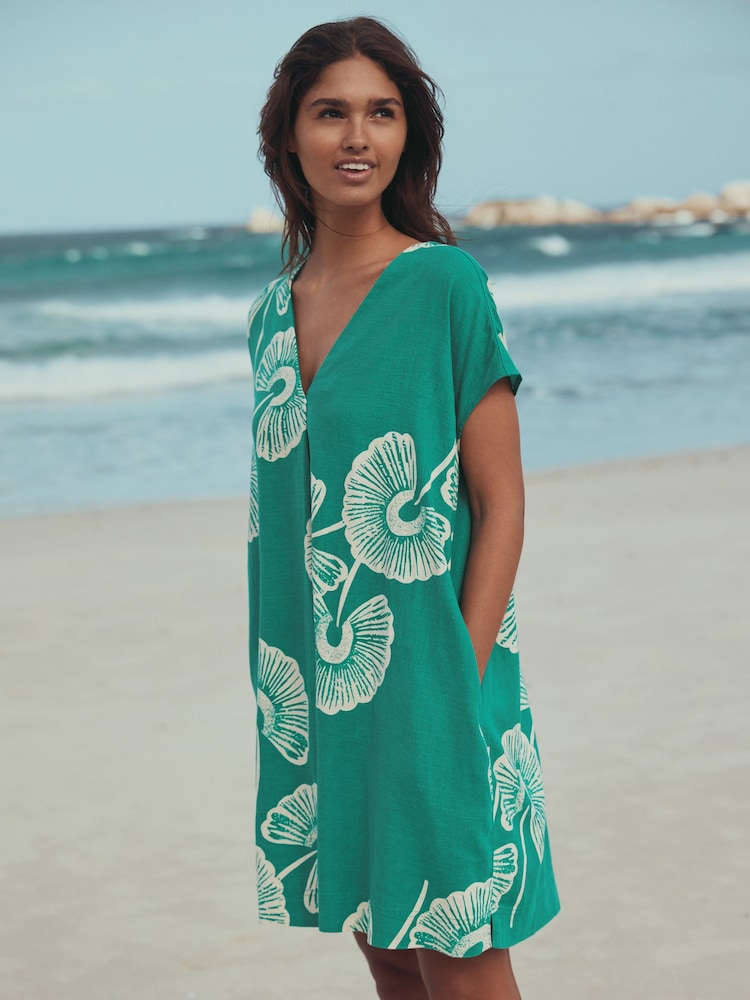 Green Floral Mini Short Sleeve V-Neck Kaftan Dress with Linen - Image 1 of 7