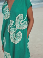 Green Floral Mini Short Sleeve V-Neck Kaftan Dress with Linen - Image 2 of 7