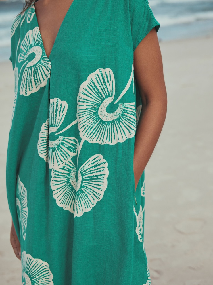 Green Floral Mini Short Sleeve V-Neck Kaftan Dress with Linen - Image 2 of 7