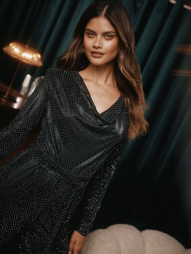 Black Hotfix Cowl Neck Long Sleeve Black Jumpsuit - Image 4 of 4