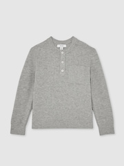 Reiss Mid Grey Melange Harrison Cotton Blend Rib-Knit Henley Top - Image 1 of 4