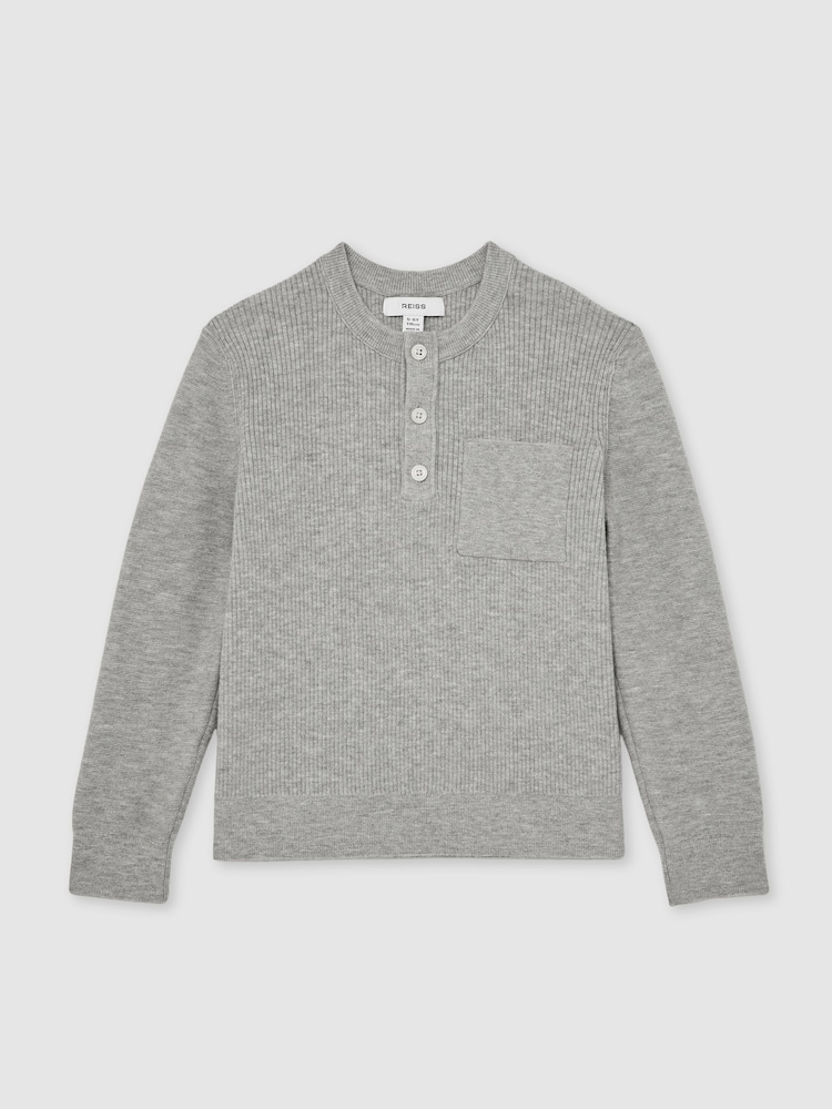 Reiss Mid Grey Melange Harrison Cotton Blend Rib-Knit Henley Top - Image 1 of 4 Reiss Mid Grey Melange Harrison Cotton Blend Rib-Knit Henley Top - Image 1 of 4