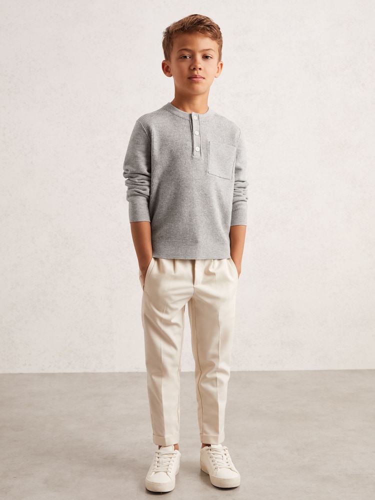 Reiss Mid Grey Melange Harrison Cotton Blend Rib-Knit Henley Top - Image 2 of 4 Reiss Mid Grey Melange Harrison Cotton Blend Rib-Knit Henley Top - Image 2 of 4