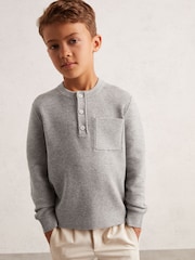 Reiss Mid Grey Melange Harrison Cotton Blend Rib-Knit Henley Top - Image 3 of 4
