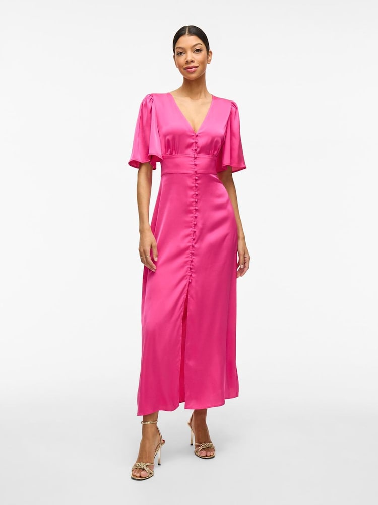 VILA Pink V-Neck Satin Maxi Dress - Image 1 of 3 VILA Pink V-Neck Satin Maxi Dress - Image 1 of 3
