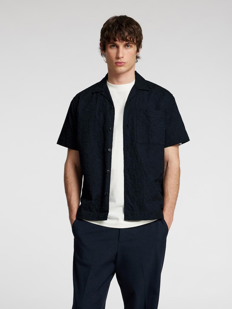 Selected Homme Blue Revere Collar Textured Short Sleeve Shirt - Image 1 of 4