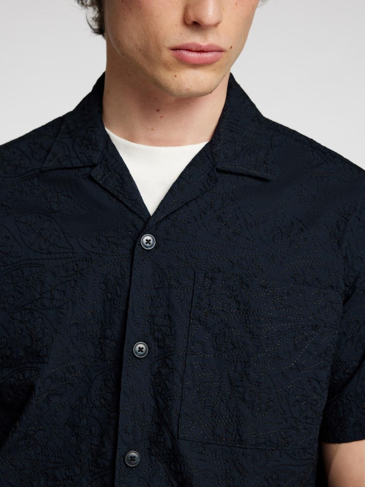 Selected Homme Blue Revere Collar Textured Short Sleeve Shirt - Image 4 of 4