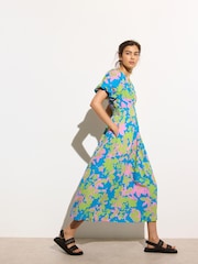 Oliver Bonas Blue Luminous Floral Print V-Neck Midi Dress - Image 1 of 7