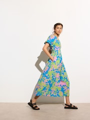 Oliver Bonas Blue Luminous Floral Print V-Neck Midi Dress - Image 2 of 7