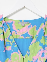 Oliver Bonas Blue Luminous Floral Print V-Neck Midi Dress - Image 6 of 7
