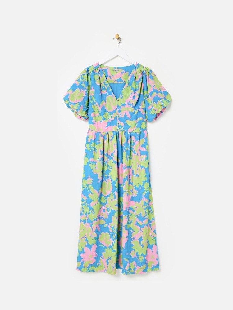 Oliver Bonas Blue Luminous Floral Print V-Neck Midi Dress - Image 7 of 7