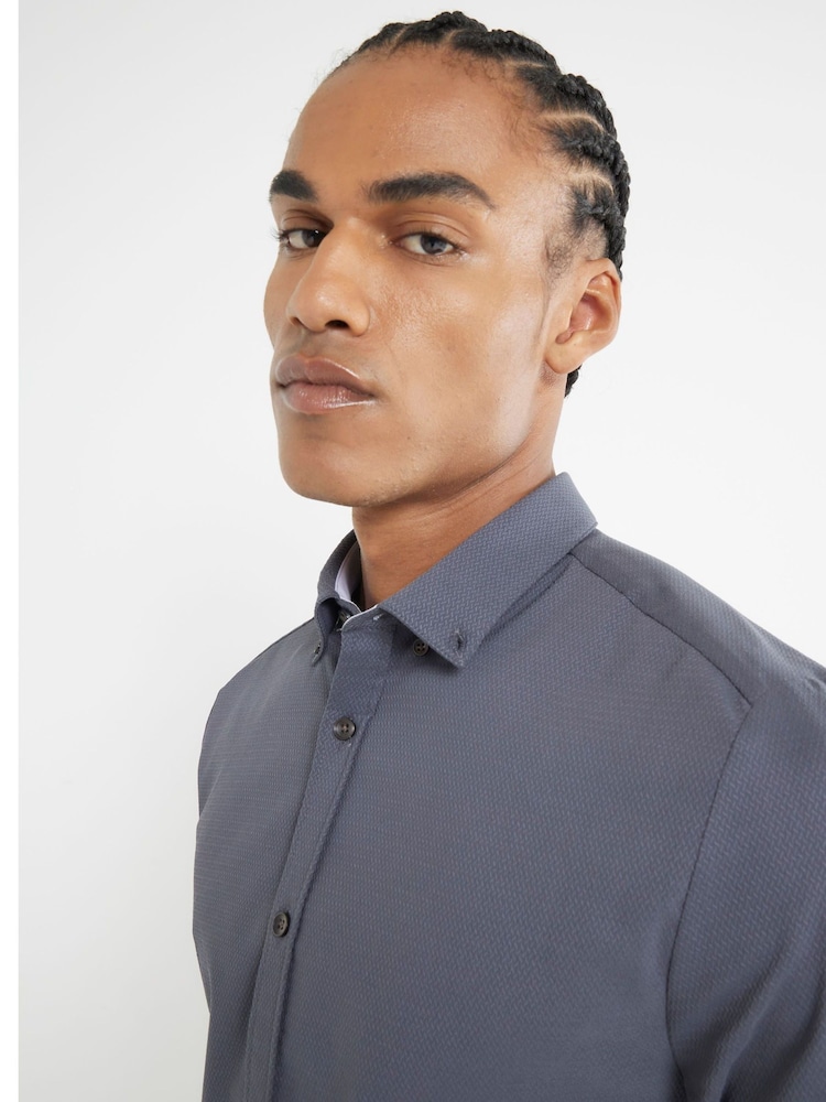 River Island Grey Muscle Fit Textured Shirt - Image 2 of 3 River Island Grey Muscle Fit Textured Shirt - Image 2 of 3