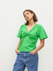 Oliver Bonas Twist Front V-Neck Short Sleeve 100% Cotton Top - Image 1 of 7