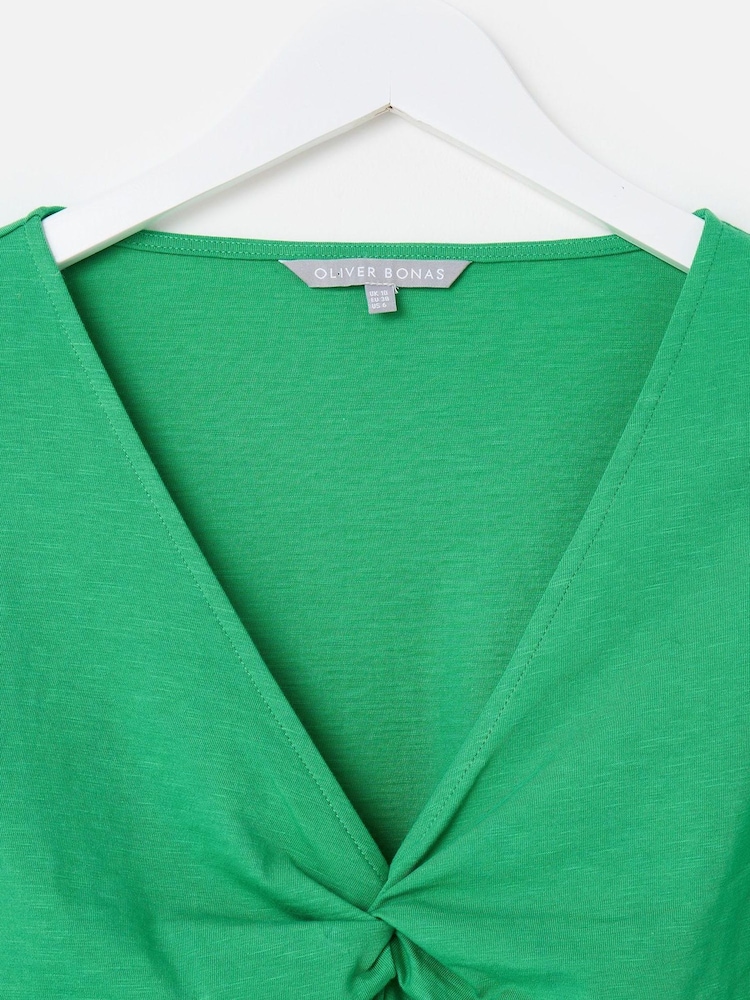 Oliver Bonas Green Twist Front V-Neck Short Sleeve 100% Cotton Top - Image 5 of 7