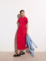 Oliver Bonas Red Scalloped Broderie Midi 100% Cotton T-Shirt Dress - Image 1 of 7