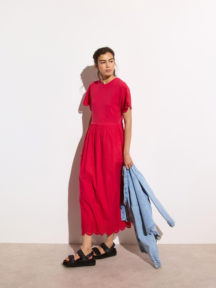 Oliver Bonas Red Scalloped Broderie Midi 100% Cotton T-Shirt Dress - Image 1 of 7