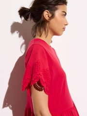 Oliver Bonas Red Scalloped Broderie Midi 100% Cotton T-Shirt Dress - Image 2 of 7
