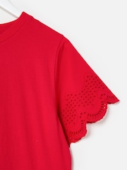 Oliver Bonas Red Scalloped Broderie Midi 100% Cotton T-Shirt Dress - Image 5 of 7