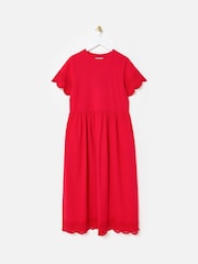 Oliver Bonas Red Scalloped Broderie Midi 100% Cotton T-Shirt Dress - Image 6 of 7