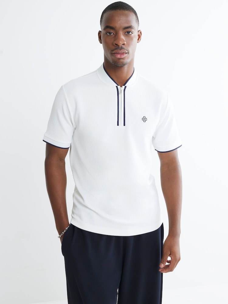River Island White Slim Fit Tipped Zip T-Shirt - Image 1 of 4