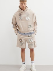 River Island Natural Americana Badge Cargo 100% Cotton Shorts - Image 1 of 3