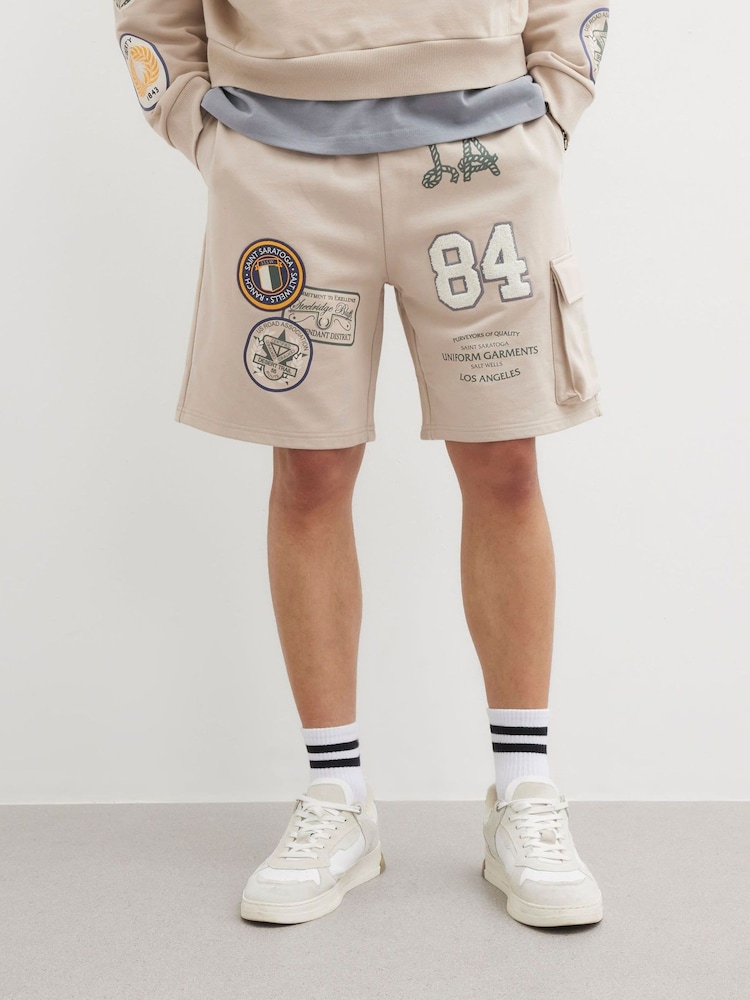 River Island Natural Americana Badge Cargo 100% Cotton Shorts - Image 2 of 3