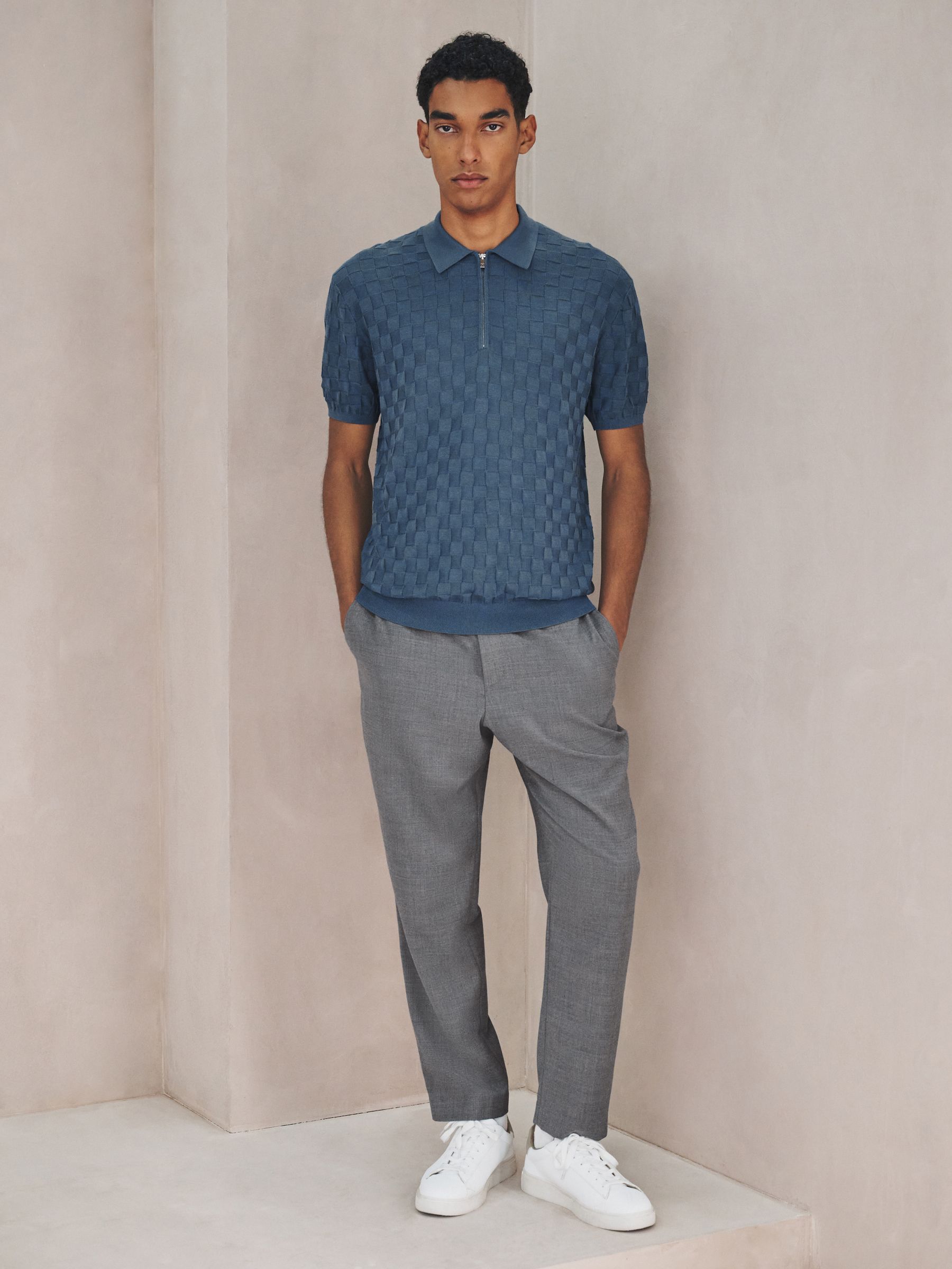 Buy Синій денім - N. Premium Checkerboard Knit Quarter Zip Polo