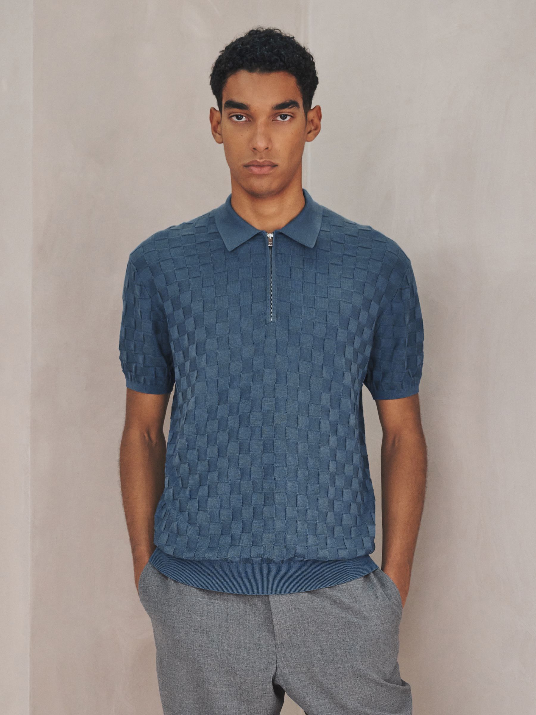 Buy Синій денім - N. Premium Checkerboard Knit Quarter Zip Polo