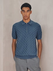 Denim Blue Regular Fit Premium Checkerboard Knitted Short Sleeve Zip Neck Polo Shirt - Image 3 of 7