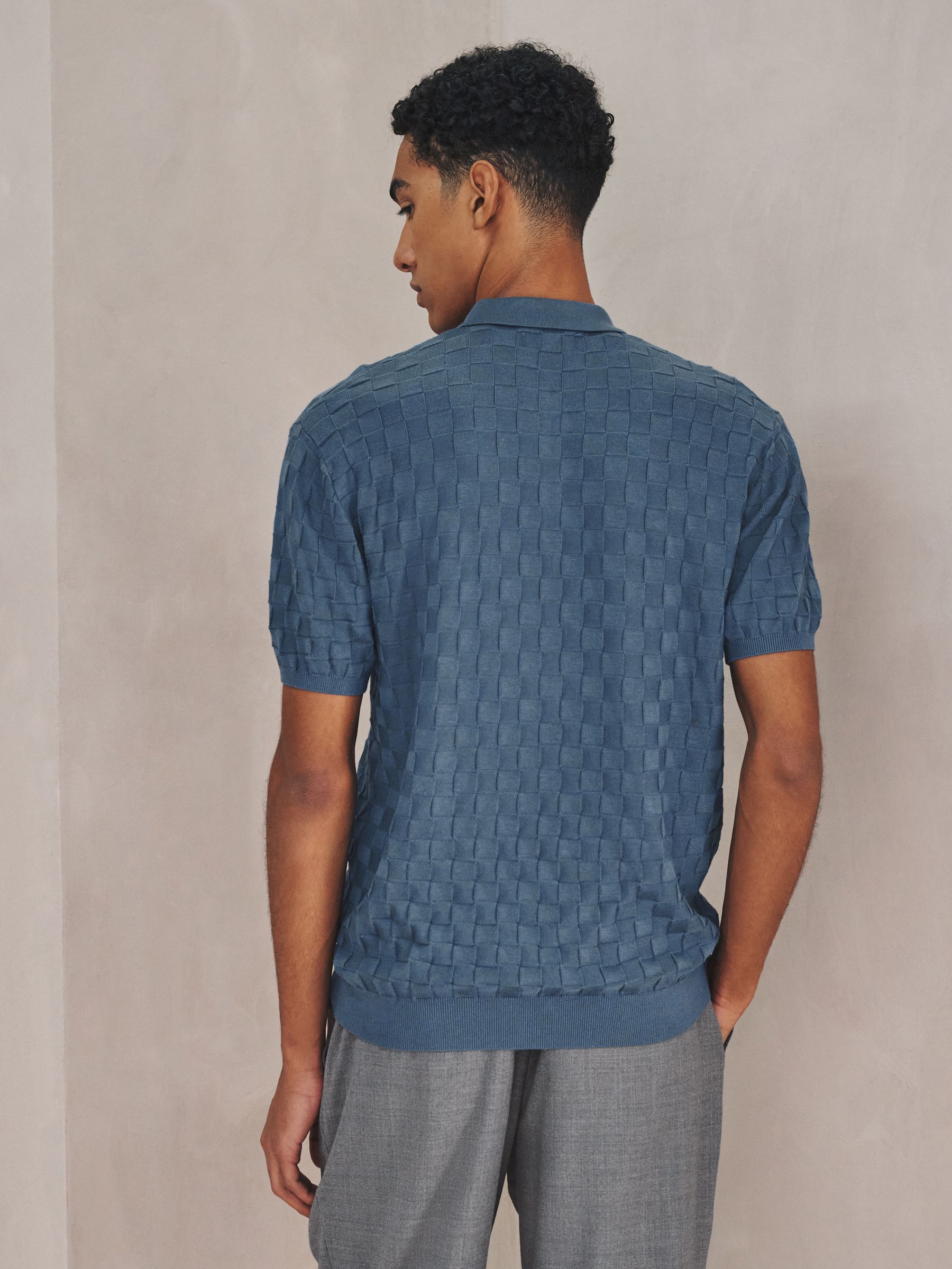 Buy Синій денім - N. Premium Checkerboard Knit Quarter Zip Polo