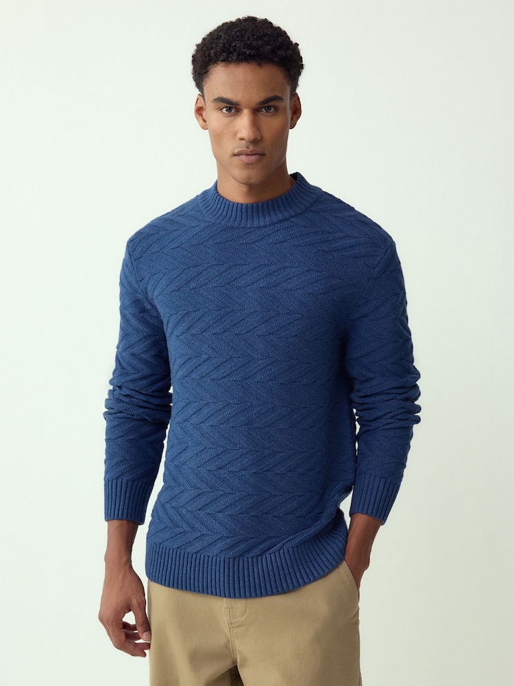 Mid Blue Regular Fit Cotton Rich Chevron Cable Crew Neck Jumper - Image 1 of 4 Mid Blue Regular Fit Cotton Rich Chevron Cable Crew Neck Jumper - Image 1 of 4