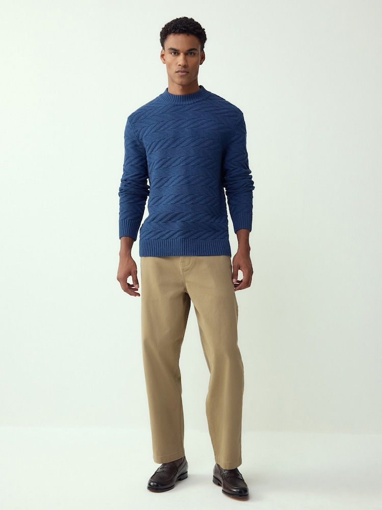 Mid Blue Regular Fit Cotton Rich Chevron Cable Crew Neck Jumper - Image 2 of 4 Mid Blue Regular Fit Cotton Rich Chevron Cable Crew Neck Jumper - Image 2 of 4