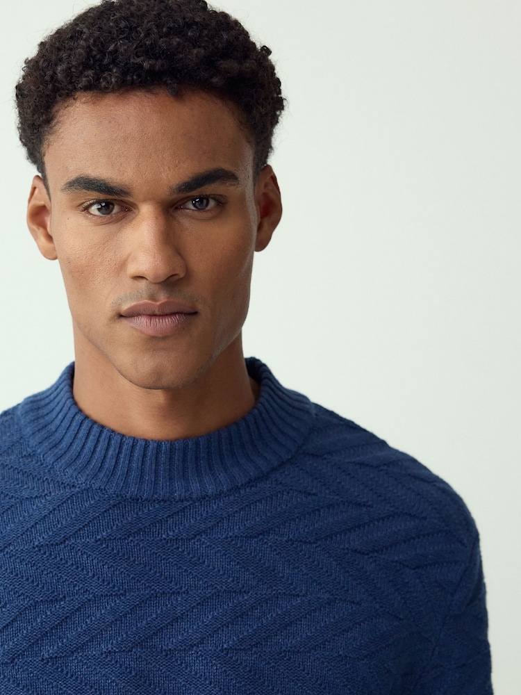 Mid Blue Regular Fit Cotton Rich Chevron Cable Crew Neck Jumper - Image 4 of 4 Mid Blue Regular Fit Cotton Rich Chevron Cable Crew Neck Jumper - Image 4 of 4