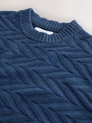 Mid Blue Regular Fit Cotton Rich Chevron Cable Crew Neck Jumper - Image 7 of 7